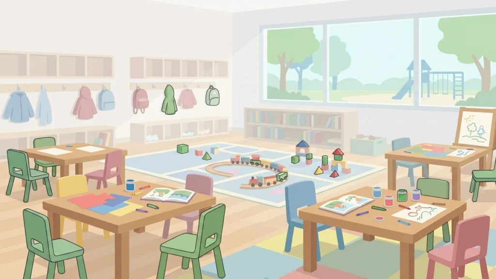 ห้องเรียนที่มีโต๊ะ เก้าอี้ หนังสือ ของเล่น และสิ่งของสีสันต่างๆ สำหรับกิจกรรมค้นหาสีและรูปทรงแบบล่าสมบัติกับ Resources®