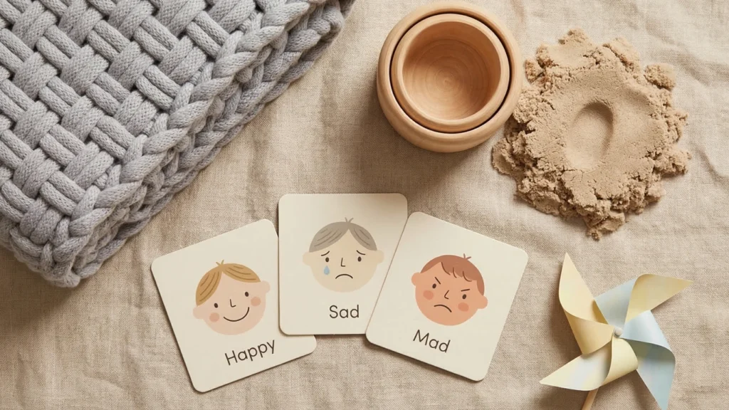 เครื่องมือช่วยสงบใจแบบเรียบง่าย เช่น สิ่งที่เด็กเรียกชื่อได้ จับได้ ปั้นได้ ทำซ้ำได้ หรือใช้ฝึกลมหายใจ
