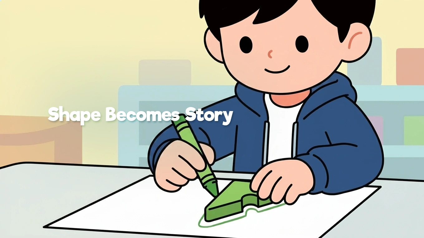เด็กใช้ชิ้นส่วน Resources® สีเขียวลากเส้นตามรูปทรง เพื่อเริ่มกิจกรรมวาดภาพจากรูปทรง