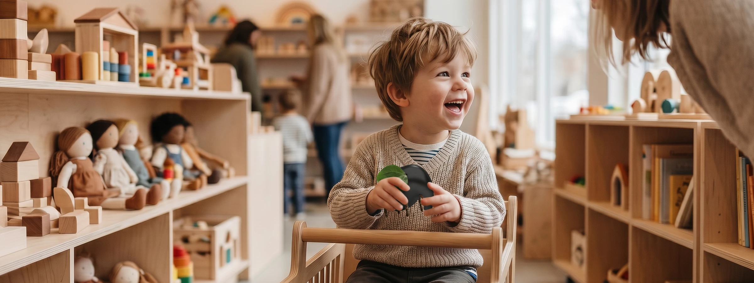 Young child sharing a joyful moment with a parent in a nature-inspired educational toy store