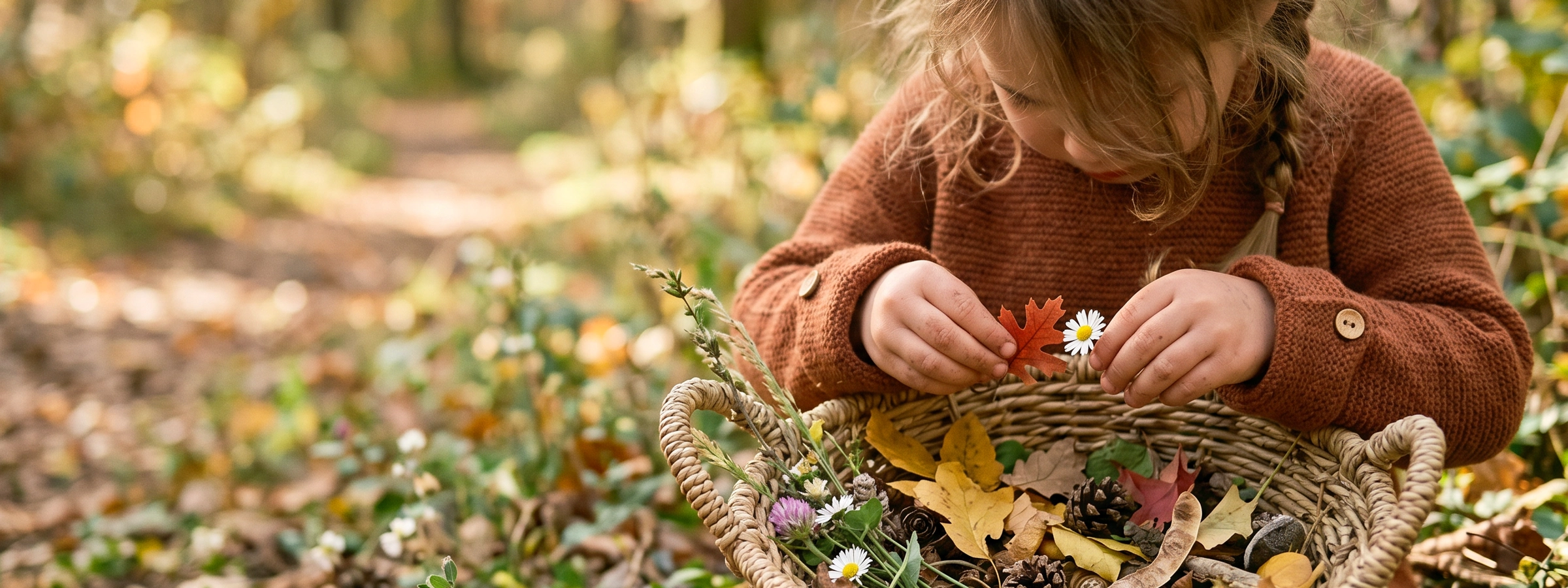Young child collecting natural treasures in a woven basket for nature-based play