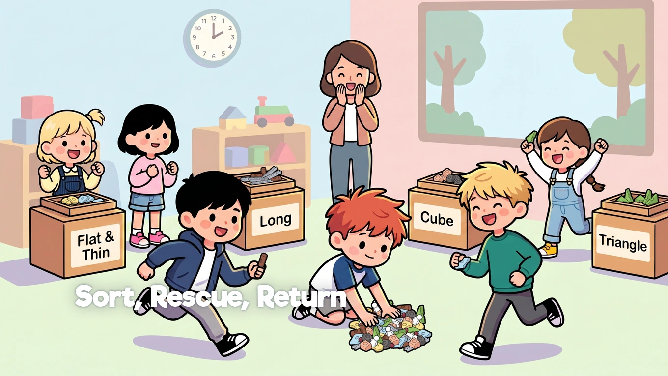 เด็ก ๆ กำลังเล่นกิจกรรมคัดแยกชิ้นส่วนกับ Resources® ซึ่งเป็นกิจกรรมสำหรับเด็กที่ใช้การเคลื่อนไหวเพื่อสังเกตรูปทรง ขนาด และลักษณะที่มองเห็นได้ของชิ้นส่วนแต่ละชิ้น