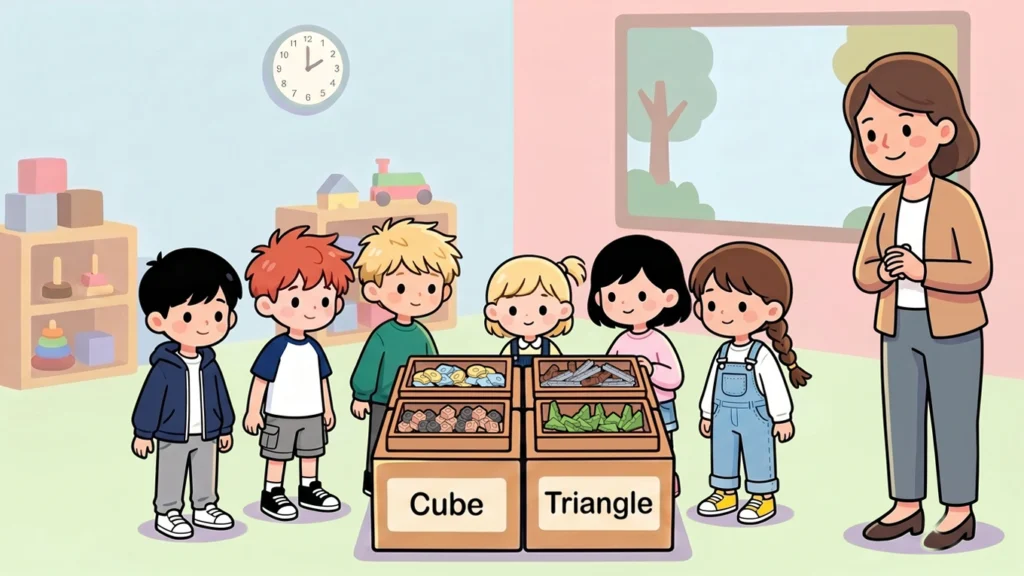 เด็กๆ รวมตัวกันรอบตะกร้าชิ้นส่วน Resources® ที่คัดแยกแล้ว เพื่อทบทวนกลุ่มรูปทรงและเปรียบเทียบสิ่งที่แต่ละทีมรวบรวมได้