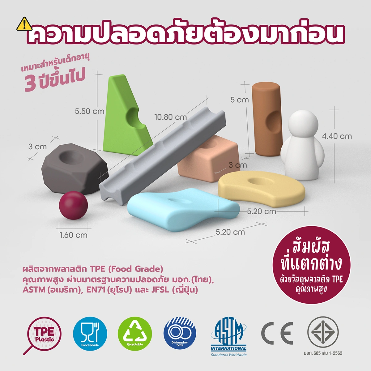 Resources® ของเล่นตัวต่อปลายเปิดที่ผลิตจากวัสดุ TPE Food Grade พร้อมข้อมูลขนาดชิ้นส่วนและมาตรฐานความปลอดภัยสำหรับเด็ก 3 ปีขึ้นไป